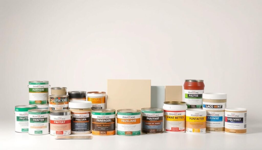 A neatly arranged display of various types of masonry paints in a well-lit, high-quality studio setting. The foreground features an assortment of paint cans, tubes, and jars showcasing a range of colors, textures, and finishes suitable for exterior masonry render, including matte, satin, eggshell, and glossy options. The middle ground shows a few painted masonry samples, allowing the viewer to appreciate the aesthetic and protective properties of the different paint types. The background is a clean, neutral backdrop that highlights the products and their visual characteristics. The lighting is soft and even, creating a professional, informative atmosphere that invites the viewer to explore the different masonry paint options.