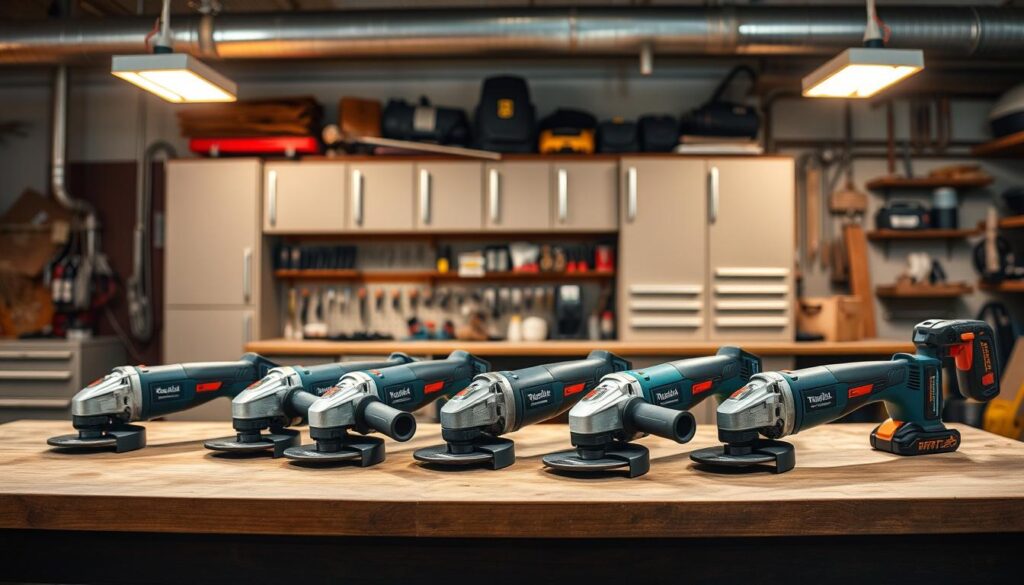 A neatly organized array of cordless angle grinders in a well-lit, industrial workshop setting. The grinders are positioned on a sturdy workbench, their sleek, ergonomic designs prominently displayed. Overhead, warm task lighting casts a soft glow, highlighting the cordless convenience and mobility of these essential power tools. In the background, a wall of tool storage cabinets and shelves, reflecting the professional, organized nature of the space. The mood is one of efficiency, precision, and the capability to tackle a wide range of modern fabrication and construction projects with ease.
