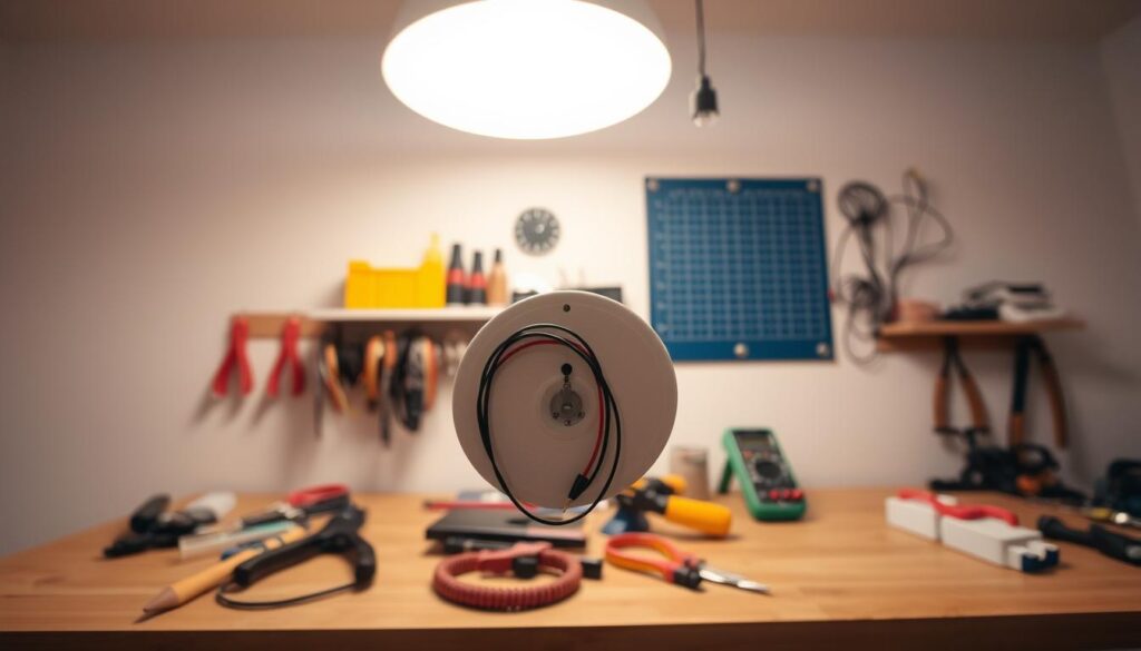 A neatly organized workbench with an array of electrical tools, including wire strippers, pliers, and a multimeter. In the foreground, a ceiling rose with exposed wiring, ready for replacement. The room is well-lit, with soft, diffused lighting from above, casting a warm, inviting glow. The walls are clean and uncluttered, allowing the viewer to focus on the task at hand. The overall atmosphere is one of precision, safety, and a sense of accomplishment in tackling a delicate electrical project.