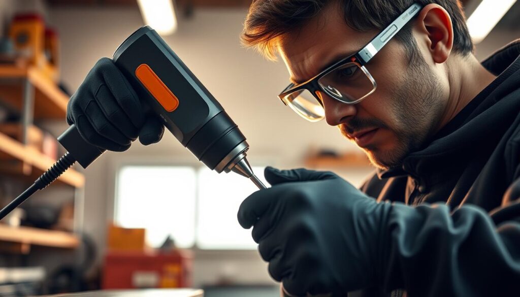 A person wearing protective gloves and goggles carefully operating a heat gun, its nozzle focused on a surface. The heat gun's body is held at a slight angle, showcasing its ergonomic design. In the background, a clean, well-lit workshop environment with shelves and tools visible, conveying a sense of order and professionalism. Warm, directional lighting casts subtle shadows, emphasizing the precision and care required when using a heat gun. The overall scene exudes an atmosphere of safety, expertise, and attention to detail.