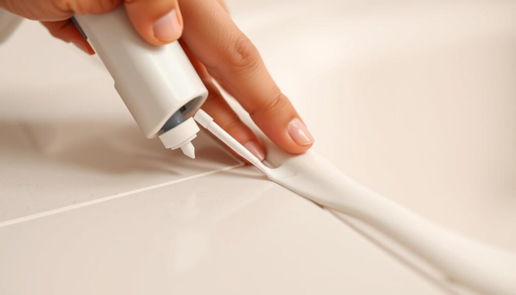 A person's hands carefully applying fresh clear silicone sealant along the edge of a tile surface, using a caulking gun. The foreground shows the sealant being smoothed with a finger, while the middle ground depicts the tile's clean, uniform surface. The background is slightly blurred, providing context with a bathroom or kitchen setting. The lighting is soft and even, casting gentle shadows that highlight the textural details of the sealant application process. The overall mood is one of precision and attention to detail, conveying the importance of properly sealing tile edges to prevent water damage.
