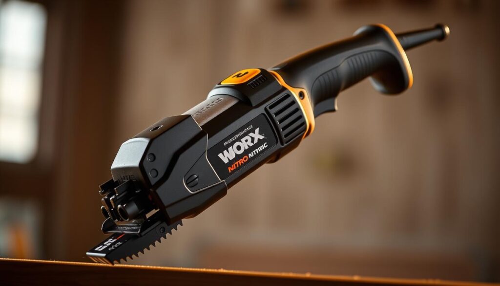 A professional-grade Worx Nitro reciprocating saw, illuminated by warm studio lighting and captured at a slight angle to showcase its sleek, matte-black design. The saw's ergonomic handle and trigger mechanism are prominently featured, with the compact motor housing and serrated blade visible in the foreground. The background blurs softly, placing the emphasis on the tool's robust, high-quality construction and practical functionality.