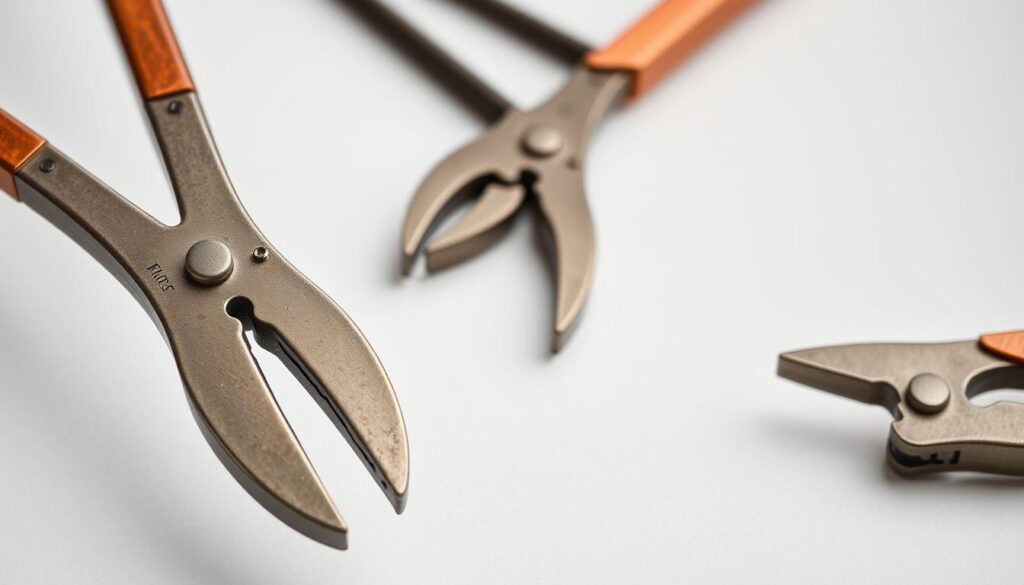 A professional-grade close-up shot of a set of high-quality copper pipe cutters, displayed on a clean, neutral background. The cutters should be made of sturdy, rust-resistant metal, with sharp, precisely engineered blades and an ergonomic, easy-to-grip handle design. Capture the tools from multiple angles, showcasing their robust construction and attention to detail. Utilize subtle, directional lighting to highlight the metallic finish and create subtle shadows, conveying the tool's weight and solidity. Ensure a crisp, focused image that allows the viewer to appreciate the craftsmanship and functionality of the pipe cutters.