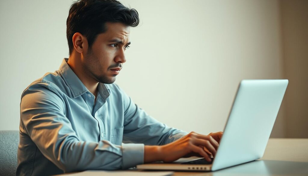 A professional, thoughtful individual sitting at a desk, intently reviewing a laptop screen displaying negative customer reviews. Soft, warm lighting illuminates the scene, creating a contemplative atmosphere. The person's expression conveys a mixture of concern and determination, as they carefully consider how to respond to the feedback constructively. The background is blurred, keeping the focus on the individual's thoughtful process of handling the negative reviews. The overall composition evokes a sense of professionalism, empathy, and a commitment to improving the customer experience.