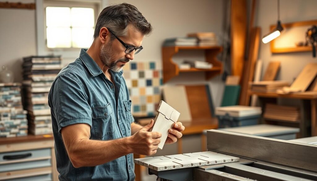 A professional tile cutter standing in a well-lit workshop, casting a focused gaze on a delicate tile fragment as they expertly guide it through the serrated blade of a high-quality wet tile saw. The workshop is outfitted with various tools and materials, including stacks of colorful tiles, a sturdy workbench, and a tiled backsplash on the wall behind the cutter. The scene conveys a sense of skill, precision, and the importance of choosing the right tile-cutting tool for the job at hand.