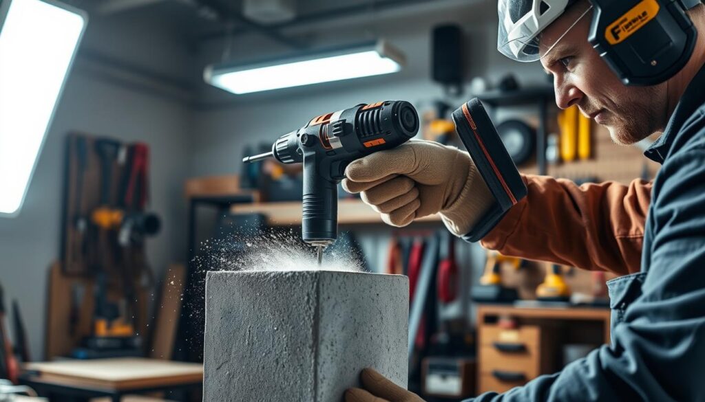 A professional, well-lit workshop setting, with a powerful cordless hammer drill being rigorously tested. The drill is gripping a concrete block, steadily pounding away, its spinning mechanism kicking up a cloud of fine dust. The operator wears protective gear, intently observing the drill's performance, gauging its power, speed, and efficiency. Bright task lighting illuminates the scene, casting dramatic shadows. The background is neatly organized with various tools and equipment, conveying a sense of a dedicated, high-precision testing environment. The overall atmosphere is one of focused, technical evaluation - assessing the drill's capabilities for demanding construction and renovation tasks.