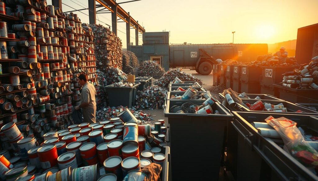 A recycling center at dawn, filled with stacks of empty paint cans and discarded containers. The foreground features a worker carefully sorting the materials, their movements precise and purposeful. The middle ground showcases the various recycling bins and sorting stations, each labeled with the appropriate materials. In the background, a large compactor stands ready to process the collected waste. The scene is bathed in a warm, golden light, conveying a sense of industry and environmental responsibility. A wide-angle lens captures the bustling activity, while a low camera angle emphasizes the scale and importance of the recycling process.