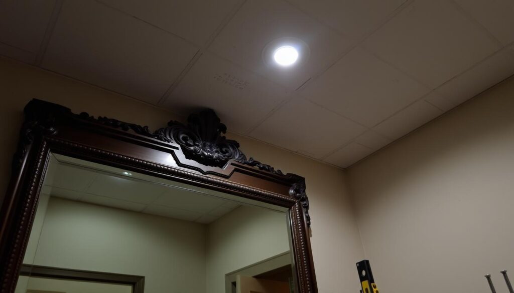 A room interior with a drywall surface, dimly lit by a single overhead light. In the foreground, a heavy, ornate mirror frame is suspended, its thick wooden edges and intricate carvings casting dramatic shadows. The mirror's surface reflects the scene, creating a sense of depth. In the middle ground, various tools and hardware - wall anchors, screws, a level - are neatly arranged, indicating the process of carefully installing the mirror. The background fades into soft, muted tones, allowing the focal point of the mirror and the installation process to take center stage. The overall mood is one of focused attention, highlighting the importance of properly securing a heavy mirror to drywall.