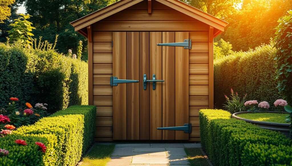 A secure garden shed with a sturdy hasp and staple, bathed in warm, natural light. The wooden structure stands in a lush, verdant garden, its rustic charm complemented by the intricate metalwork of the hasp. The shed's facade is adorned with subtle, decorative trim, lending an air of refined elegance. Surrounding the shed, a well-manicured path leads visitors through a tapestry of vibrant flowers and neatly trimmed hedges. The scene exudes a sense of tranquility and security, inviting the viewer to imagine the valuable possessions safely stored within.