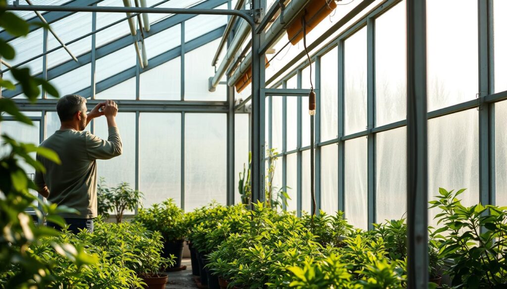 A serene greenhouse interior, bathed in soft natural light filtering through the glass panes. In the foreground, a gardener carefully inspects the glazing, checking for any cracks or deterioration. The middle ground showcases an array of thriving potted plants, their verdant foliage a testament to the well-maintained environment. In the background, the sturdy frame of the greenhouse structure provides a sense of stability and protection. The scene conveys a tranquil atmosphere, where the gardener's attention to detail ensures the longevity and continued flourishing of the greenhouse ecosystem.