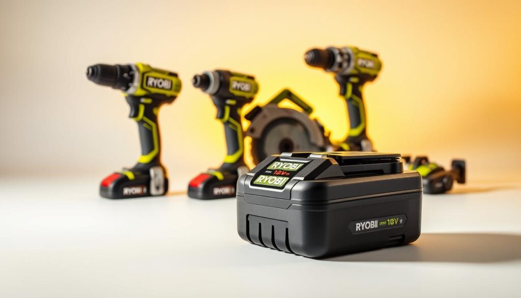 A set of Ryobi 18V power tools arranged in a well-lit, organized display. The foreground features the battery pack, its sleek black chassis and bright green accents catching the light. In the middle ground, the cordless tools - a drill, impact driver, and circular saw - are displayed alongside the battery, showcasing the modular 18V system. The background is a clean, minimalist studio setting, highlighting the tools' modern, industrial design. Warm, directional lighting casts dramatic shadows, emphasizing the tools' robust construction and premium quality. The overall composition conveys the power, versatility, and reliability of the Ryobi 18V battery ecosystem.