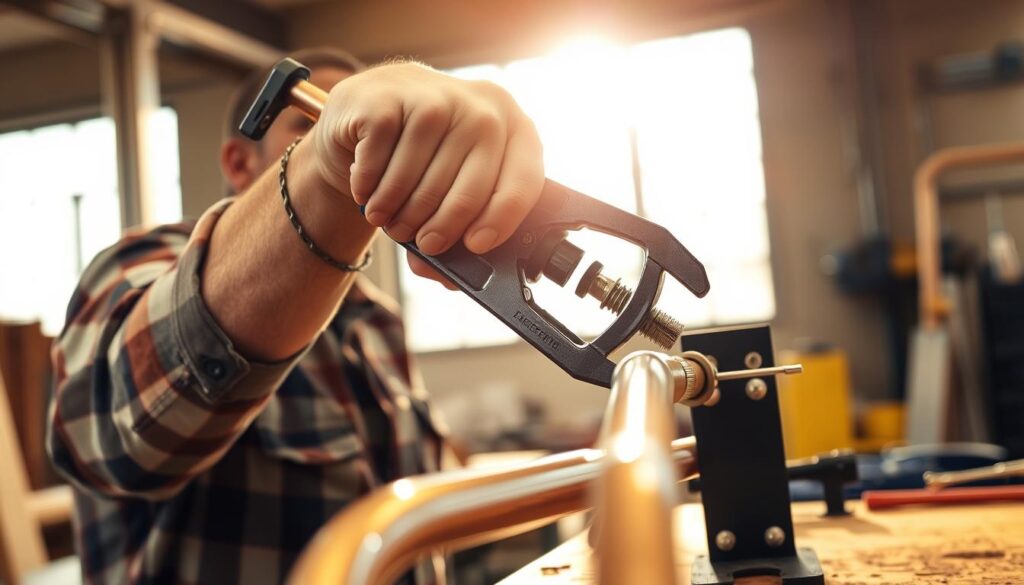 A skilled technician carefully gripping a copper pipe with a sturdy pipe cutter, positioned at an angle to make a precise, clean cut through the metal. The workshop setting is well-lit, with ample natural light streaming in through large windows, creating a warm, focused atmosphere. The technician's hands are steady, their expression one of concentration, as they meticulously guide the tool to ensure a seamless, professional result. The copper pipe is positioned securely on a sturdy workbench, with the necessary tools and materials within easy reach, reflecting the technician's expertise and attention to detail.