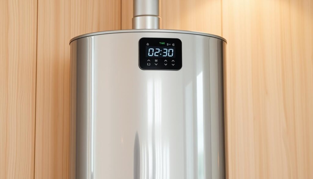 A sleek, contemporary hot-water cylinder with a prominently displayed digital timer interface. The cylinder has a glossy, metallic finish, reflecting the warm lighting above it. The timer display is crisp and legible, showing the current time and temperature settings. The cylinder is placed on a minimalist, wood-paneled background, creating a clean and modern aesthetic. The image is captured from a slightly elevated angle, emphasizing the controls and highlighting the overall functionality of the hot-water system.