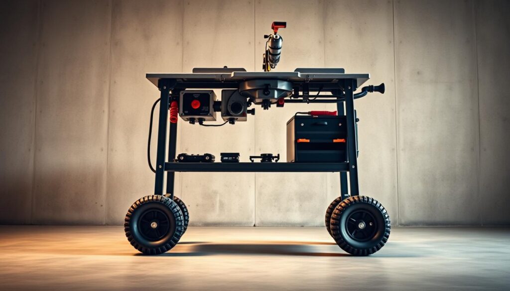 A sleek, mobile miter saw stand with sturdy metal frame and large rubber wheels. The stand features a spacious work surface, adjustable support arms, and convenient storage shelves for tools and accessories. Warm, directional lighting illuminates the scene, casting soft shadows and highlighting the rugged, utilitarian design. The stand is positioned in a clean, minimalist workshop setting, with plain concrete walls and floor creating a simple, industrial atmosphere. The overall composition emphasizes the functional, well-engineered nature of the miter saw stand, conveying its suitability for professional workshops or DIY home projects.