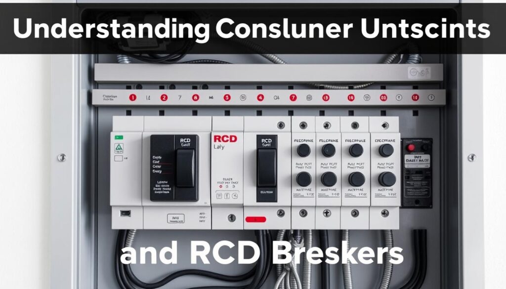 A sleek, modern consumer unit with a clear, well-organized layout, set against a bright, airy backdrop. The front panel features a row of circuit breakers, including a prominent RCD (Residual Current Device) breaker, with clean, legible labeling. The unit is constructed from sturdy, high-quality materials, with a smooth, matte finish. Soft, diffused lighting illuminates the scene, highlighting the precision engineering and attention to detail. The overall impression conveys a sense of safety, reliability, and ease of use, perfectly suited for the "Understanding Consumer Units and RCD Breakers" section of the article.
