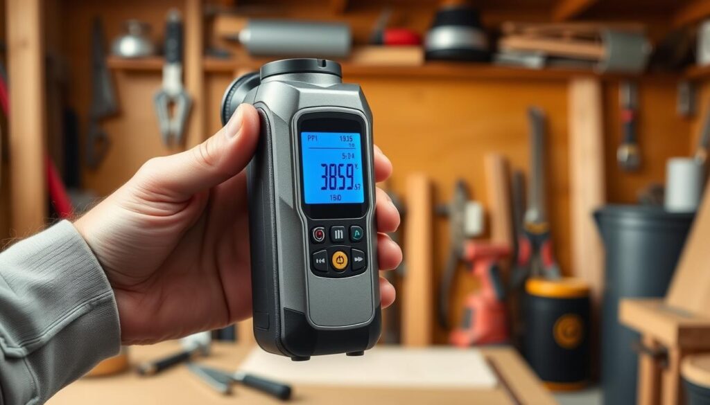A sleek, modern laser distance measurer with a metallic body and intuitive interface. The device is held firmly in a person's hand, its display illuminated by a soft blue glow, showcasing the precise measurements. The background is a warm-toned workshop or home setting, with tools and materials neatly organized, conveying a sense of professionalism and attention to detail. The lighting is well-balanced, casting subtle shadows that enhance the measurer's form and functionality. The overall atmosphere is one of confidence and efficiency, perfectly suited for effectively using a budget-friendly, yet high-quality laser distance measurement tool.