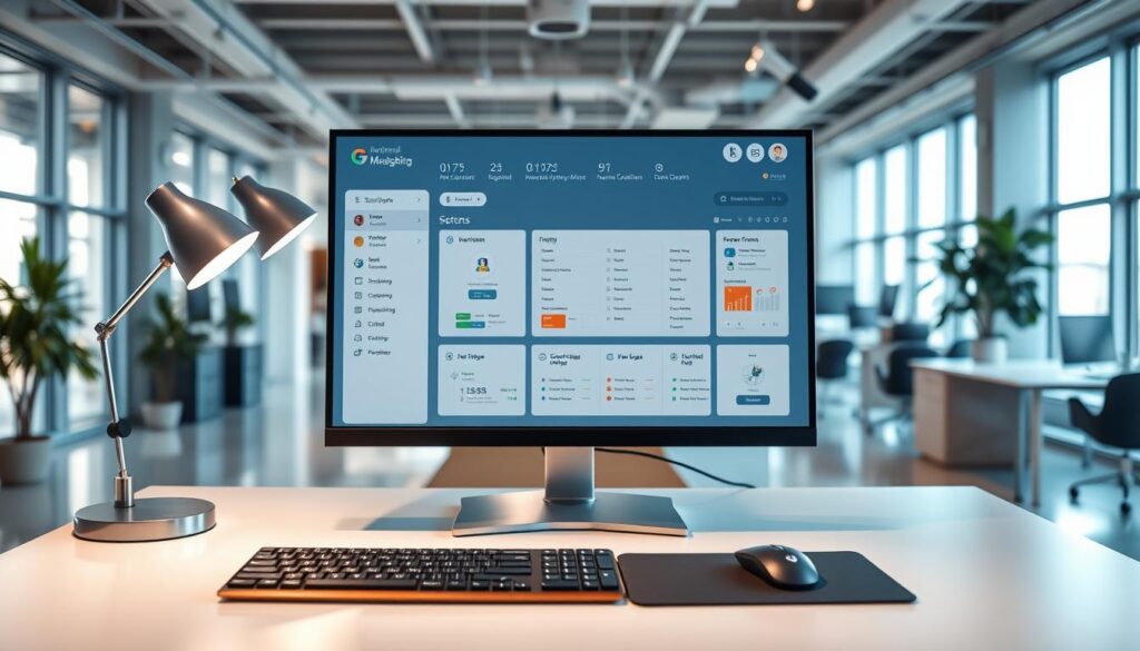 A sleek, modern office environment with a well-designed job management software dashboard prominently displayed on a large, high-resolution computer screen. The foreground features a minimalist, ergonomic desk setup with a keyboard, mouse, and a stylish lamp. The middle ground showcases various productivity tools and icons representing different job management functions, such as scheduling, invoicing, and reporting. The background depicts a spacious, open-plan office space with floor-to-ceiling windows allowing natural light to filter in, creating a bright and productive atmosphere. The overall mood is one of efficiency, organization, and technological sophistication.