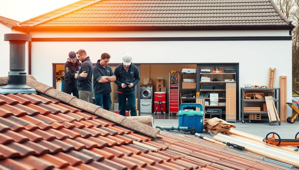 A sleek, modern roofing service workshop in Nottingham, England. The foreground features a team of professional roofers inspecting a client's roof, examining tiles and assessing damage with careful attention. The middle ground showcases various roofing materials, tools, and equipment neatly organized, hinting at the comprehensive services offered. In the background, the workshop's exterior displays a well-maintained building with a clean, minimalist design, complementing the efficient and reliable image of the roofing company. Warm, natural lighting filters through large windows, creating a welcoming and approachable atmosphere. An overall sense of expertise, diligence, and customer-centric focus permeates the scene.