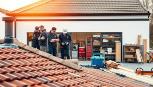 A sleek, modern roofing service workshop in Nottingham, England. The foreground features a team of professional roofers inspecting a client's roof, examining tiles and assessing damage with careful attention. The middle ground showcases various roofing materials, tools, and equipment neatly organized, hinting at the comprehensive services offered. In the background, the workshop's exterior displays a well-maintained building with a clean, minimalist design, complementing the efficient and reliable image of the roofing company. Warm, natural lighting filters through large windows, creating a welcoming and approachable atmosphere. An overall sense of expertise, diligence, and customer-centric focus permeates the scene.