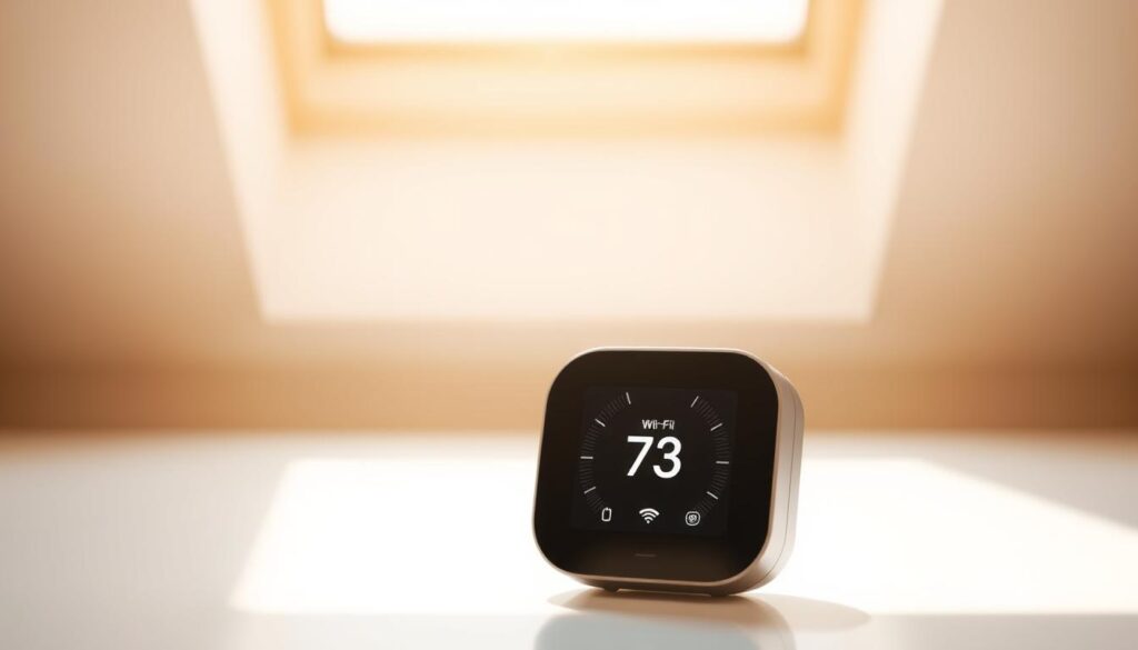 A sleek, modern smart thermostat display with a clean, minimalist design, set against a bright, airy backdrop. The thermostat's touchscreen interface shows the current temperature and Wi-Fi connection status, with subtle visual cues indicating a stable wireless signal. The background features a soft, blurred gradient, creating a sense of depth and focus on the central device. Warm, natural lighting from a window or skylight illuminates the scene, casting gentle shadows and highlights on the thermostat's surface. The overall mood is one of technology and simplicity, conveying the ease of troubleshooting and resolving smart thermostat Wi-Fi connectivity issues.