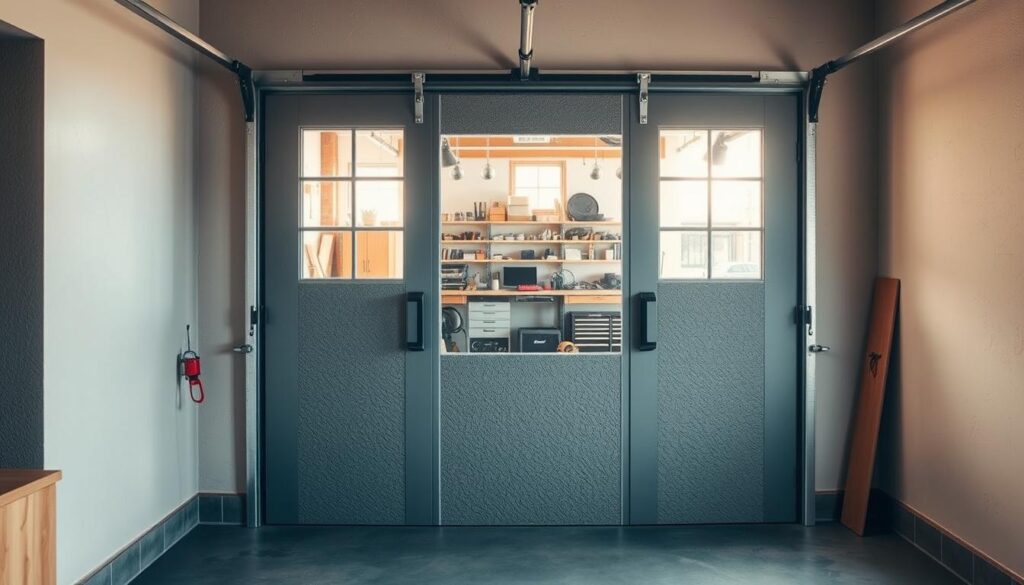 A soundproof garage workshop door, crafted with meticulous care. The door stands in the foreground, its textured surface hinting at the sound-dampening materials within. Sunlight filters through the window panes, casting a warm, inviting glow. The middle ground reveals the organized workspace beyond, tools and shelves neatly arranged. In the background, the garage's neutral-toned walls and floor create a harmonious, contemplative atmosphere, emphasizing the door's role in creating a productive, acoustically-isolated environment. The scene is captured with a wide-angle lens, highlighting the door's importance and integration within the overall workshop design.
