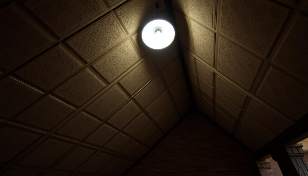 A spacious attic room with a slanted ceiling, dimly lit by a single overhead light fixture. The focal point is the intricate network of soundproofing panels installed on the ceiling, their texture and patterns creating a visually interesting and functional design. The panels are a combination of rigid insulation, sound-absorbing foam, and acoustic fabric, all in a muted, earthy color palette that blends seamlessly with the rustic wood beams and exposed brick walls. The overall atmosphere is one of cozy practicality, where the soundproofing measures seamlessly integrate with the room's architecture to create a peaceful, noise-dampened environment.
