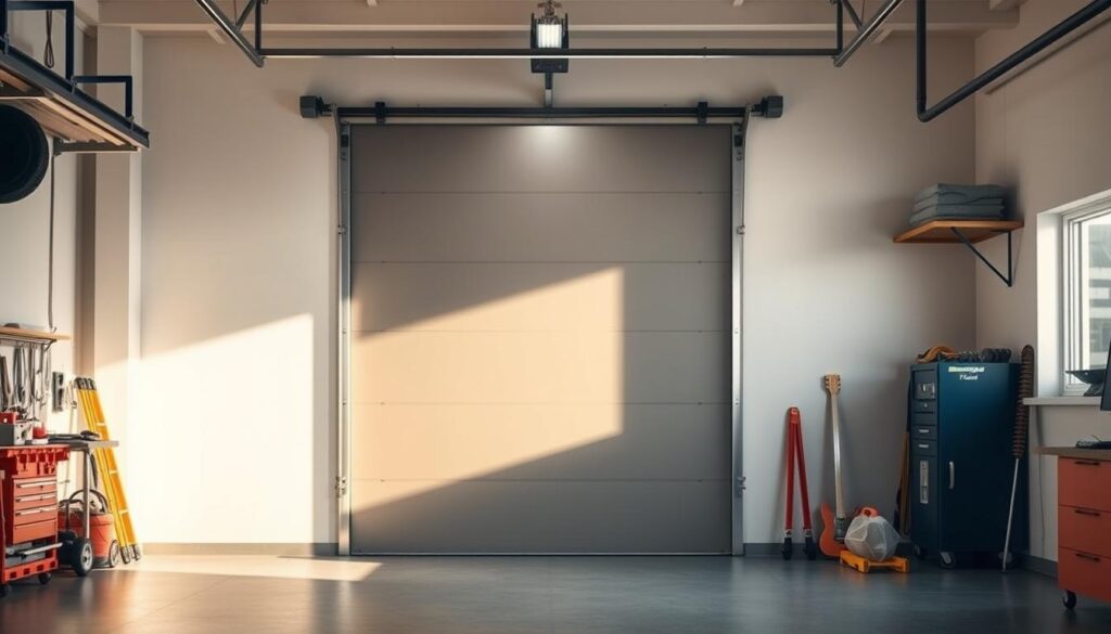 A spacious, well-lit garage workshop with a sturdy, soundproof door at the entrance. The door is made of high-density, acoustically-engineered materials, seamlessly blending into the clean, modern design of the space. Soft, diffused lighting illuminates the door's sleek, minimalist frame, casting gentle shadows that accentuate its clean lines. The garage is immaculately organized, with tools and equipment neatly arranged, creating an atmosphere of focused productivity. The soundproof door stands as a testament to the meticulous attention to detail, ensuring a tranquil, noise-isolated workspace for the discerning hobbyist or professional.