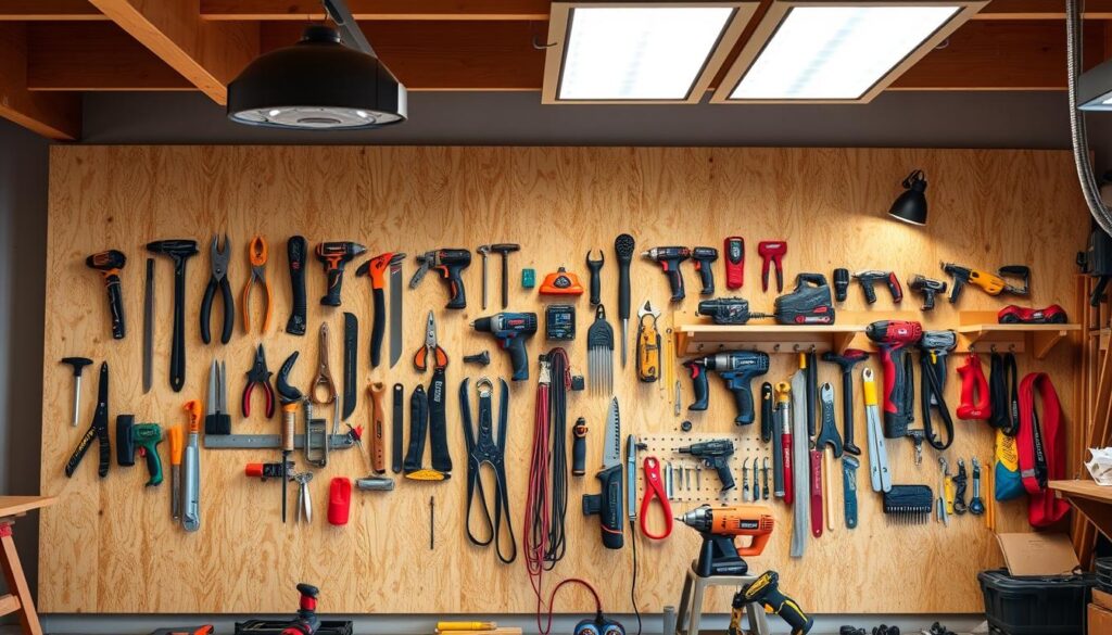 A spacious, well-lit workshop interior with a prominent OSB (oriented strand board) wall serving as a versatile tool storage solution. The OSB surface features an array of neatly organized hand tools, power tools, and accessories, each secured by custom-made hooks and pegs. The lighting, a combination of overhead LED panels and task lamps, casts a warm, workman-like glow across the scene. The foreground showcases the clean, minimalist design of the OSB wall, while the middle ground presents the diverse tools in an orderly, visually appealing manner. The background blends seamlessly, hinting at the broader workshop environment without distracting from the main focal point.