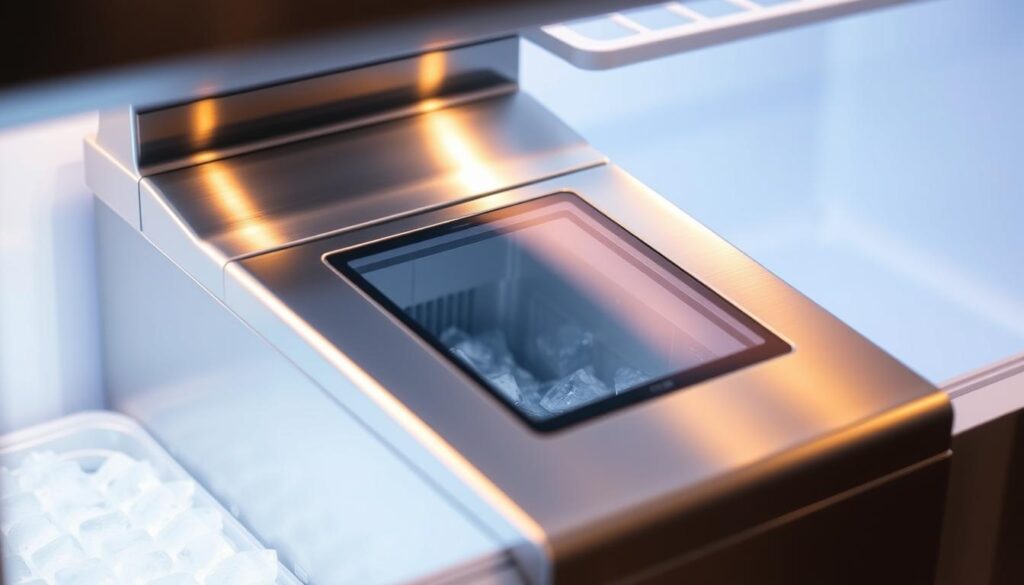 A stainless steel ice maker nestled within a modern, energy-efficient freezer. The ice maker's smooth, gleaming exterior catches the soft, ambient light, its mechanisms visible through a transparent panel. In the background, the freezer's stark white interior is bathed in a cool, bluish glow, evoking a sense of efficiency and technology. The overall scene conveys a sense of streamlined, high-performance domestic appliance design, perfectly suited to illustrate the "Optimise Your Freezer Usage" section of the article.