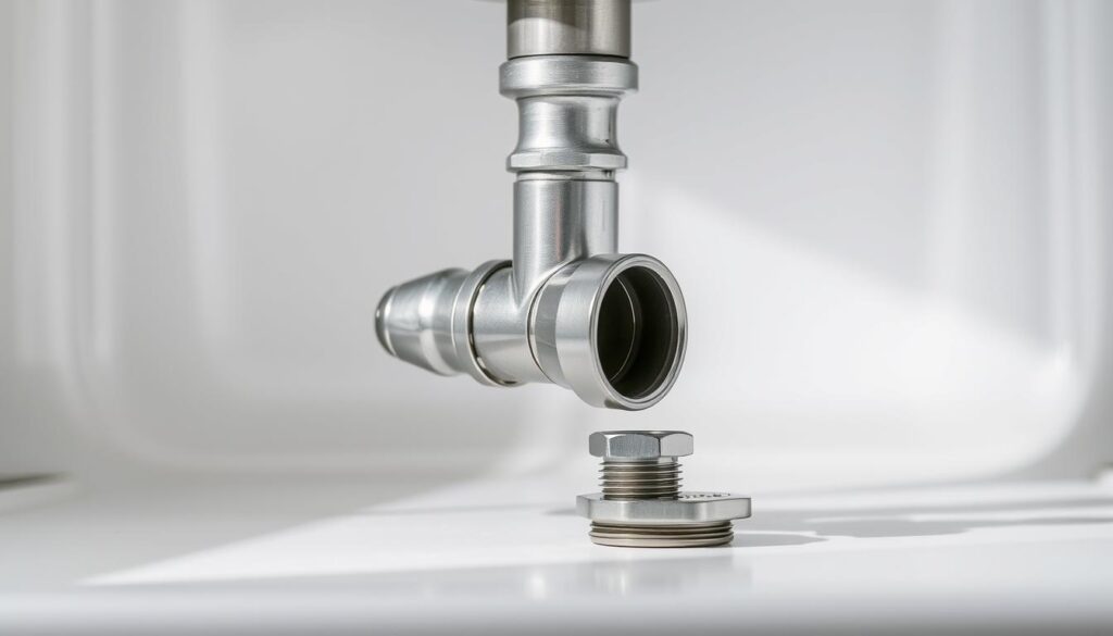A stainless steel kitchen sink trap set against a clean, well-lit background. The trap's components - the elbow, the P-shaped pipe, and the cleanout plug - are clearly visible, highlighting the intricate details of the installation process. The scene is captured from a slightly elevated angle, showcasing the trap's position within the sink's plumbing. Soft, directional lighting illuminates the metallic surfaces, casting subtle shadows that emphasize the depth and dimensions of the trap. The overall atmosphere conveys a sense of order, organization, and attention to detail, reflecting the importance of proper installation for a functional and long-lasting kitchen sink.