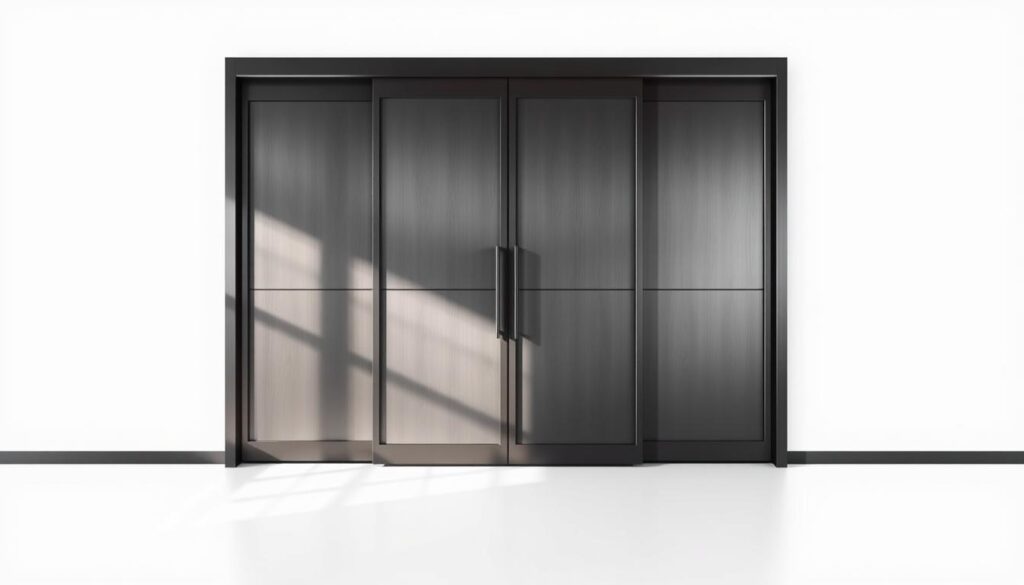 A steel-framed wardrobe door, its sleek lines and sharp edges casting dramatic shadows across the surface. The frame is a matte black, highlighting the metallic sheen of the door panels. The door is set against a plain white background, allowing the focus to remain on its structural details. Soft, diffused lighting illuminates the scene, emphasizing the depth and texture of the materials. The composition is centered, showcasing the wardrobe door in its full, imposing glory, ready to be examined and understood as part of a DIY home improvement project.