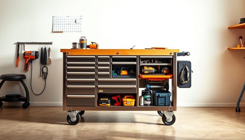 A sturdy and well-organized mobile tool cart standing in a well-lit, modern workshop. The cart features multiple drawers and shelves, neatly arranged with an assortment of tools, hardware, and accessories. The cart's sleek, stainless-steel frame is complemented by a smooth, wooden top, providing a durable and practical work surface. Soft, directional lighting casts a warm glow, illuminating the cart's clean, minimalist design. The cart is positioned against a backdrop of clean, white walls, creating a sense of order and efficiency. The overall scene conveys the importance of a well-equipped, mobile workspace to maximize productivity and organization in the workshop.