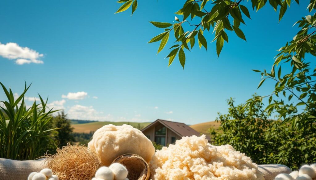A sun-dappled, tranquil scene showcasing eco-friendly insulation materials. In the foreground, an array of natural, sustainable insulation options are displayed, including bamboo, sheep's wool, and recycled cotton. The middle ground features an energy-efficient home, its walls adorned with these materials, surrounded by lush greenery. In the background, rolling hills and a cloudless azure sky convey a sense of environmental harmony. Warm, diffused lighting casts a soft glow, emphasizing the natural textures and tones of the insulation. The overall composition evokes a serene, sustainable living environment.