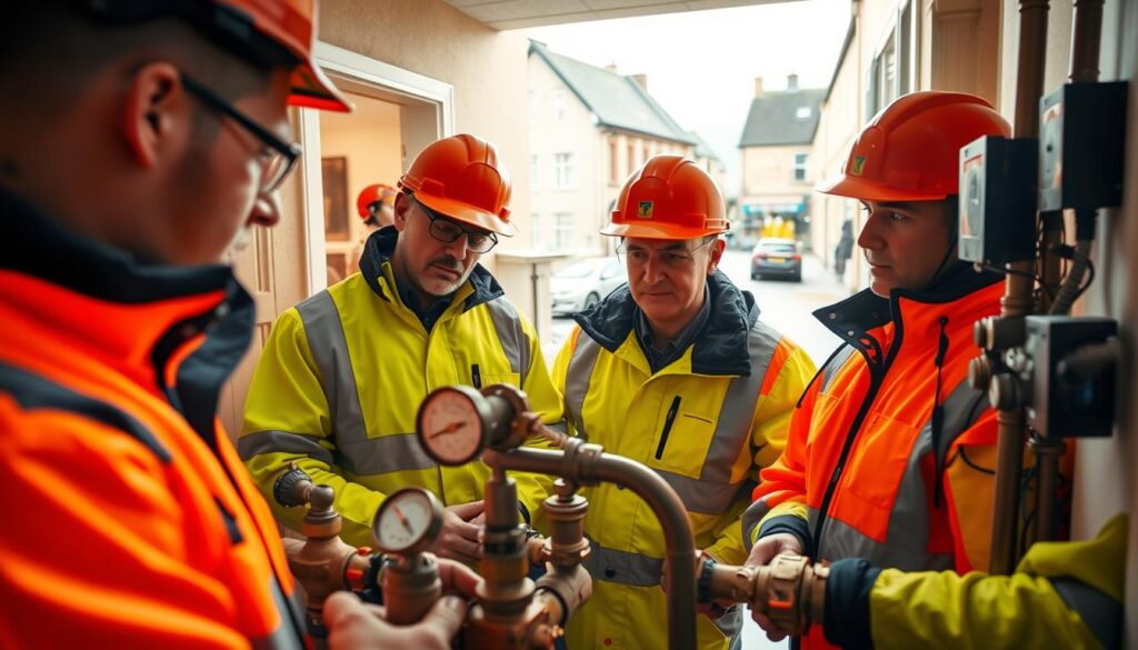 A team of experienced emergency gas engineers, clad in high-visibility workwear, diligently inspecting a residential gas system. The foreground features the engineers meticulously checking valves and gauges, their faces focused and determined. In the middle ground, the interior of a cozy home is visible, with the engineers' tools and equipment neatly organized. The background depicts the bustling streets of Aberdeen, Scotland, where the engineers are on call 24/7 to provide emergency gas services. Warm, natural lighting illuminates the scene, conveying a sense of professionalism and reliability.