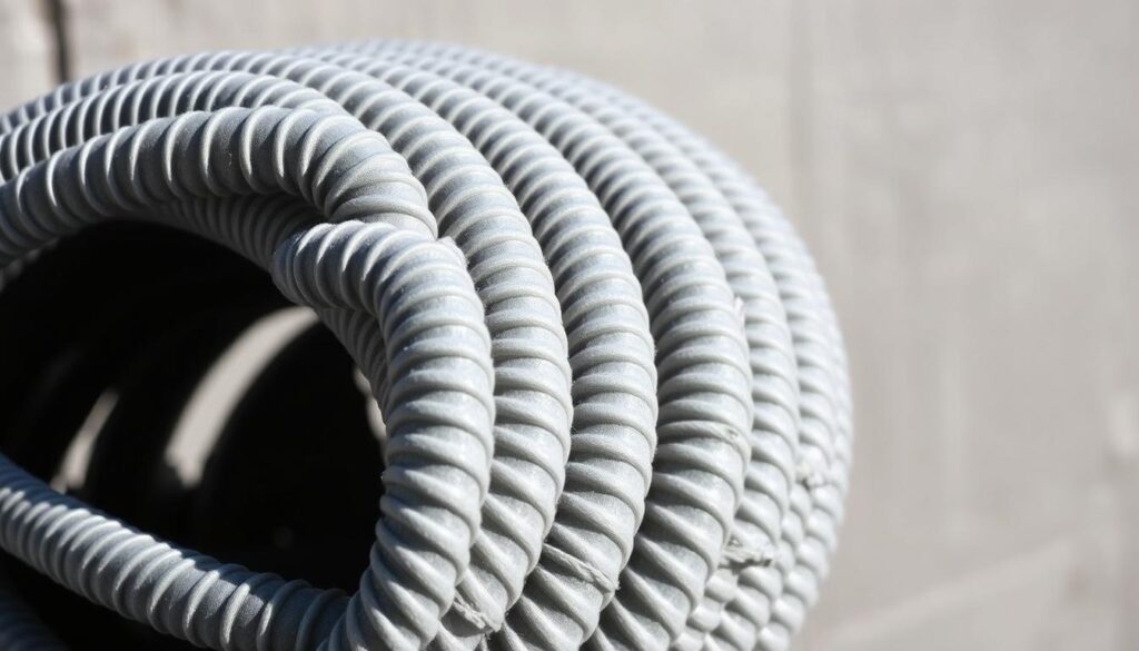 A tightly wound coil of grey, ribbed pipe insulation material, textured with a slightly raised spiral pattern. The insulation is depicted in crisp, high detail, with natural lighting casting soft shadows that accentuate the form. The background is slightly blurred, hinting at a simple, neutral setting that allows the insulation to be the focal point. The overall mood is one of functional simplicity, emphasizing the practical purpose of this essential winterizing material.