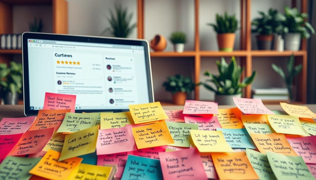 A vibrant collage of customer reviews, featuring a diverse array of handwritten testimonials scrawled on colorful sticky notes. The foreground showcases a mix of positive and negative feedback, each note adorned with emotive expressions and star ratings, conveying the full spectrum of customer experiences. In the middle ground, a laptop screen displays an online review platform, its layout streamlined and intuitive, reflecting the importance of digital reputation management. The background sets a warm, office-inspired tone, with wooden shelves, potted plants, and a soft, diffused lighting that lends an inviting atmosphere, emphasizing the human-centric nature of customer relationships. The overall composition evokes a sense of authenticity, transparency, and the vital role that customer reviews play in business success.