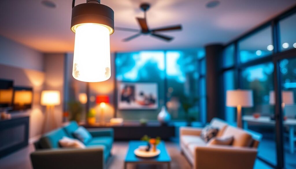 A vibrant, well-lit indoor scene showcasing the benefits of LED lighting. In the foreground, a modern, sleek LED light fixture casts a warm, even glow, highlighting the details of a stylish living room. The middle ground features a cozy sofa and chairs, their colors and textures enhanced by the flattering illumination. In the background, large windows allow natural daylight to blend seamlessly with the artificial light, creating a harmonious, energy-efficient ambiance. The overall atmosphere conveys a sense of comfort, efficiency, and style, demonstrating the advantages of upgrading to LED technology.