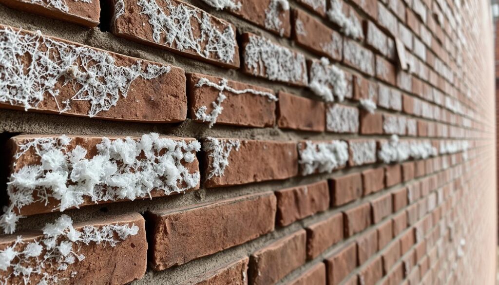 A weathered brick wall, its surface adorned with intricate patterns of efflorescence - a delicate, crystalline bloom that clings to the porous surface. The bricks are illuminated by soft, diffused light, casting subtle shadows that accentuate the textural details. In the foreground, individual salt crystals glisten, their delicate formations catching the eye and inviting closer inspection. The middle ground reveals the broader distribution of the efflorescence, its web-like tendrils spreading across the wall, while the background maintains a sense of depth and context, hinting at the larger architectural structure. The overall scene conveys a sense of quiet contemplation, inviting the viewer to examine the interplay of natural processes and man-made materials.