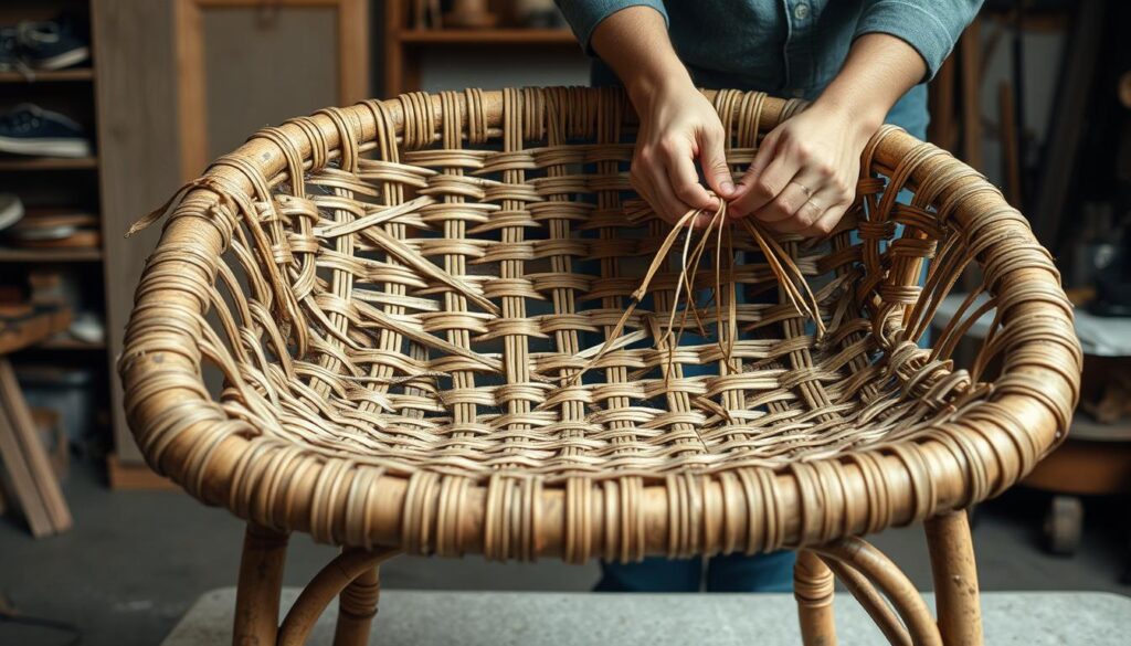 A weathered rattan chair frame, its intricate weave pattern partially unraveled, sits in a well-lit, rustic workshop. Soft, diffused lighting illuminates the textured surface, highlighting the natural tones and imperfections of the aged materials. A pair of skilled hands carefully manipulate replacement rattan strands, meticulously reweaving the damaged sections to restore the chair's structural integrity and original charm. The workshop backdrop features a subtle blend of wooden shelves, tools, and other repair-related elements, creating a harmonious, inviting atmosphere for this step-by-step repair process.