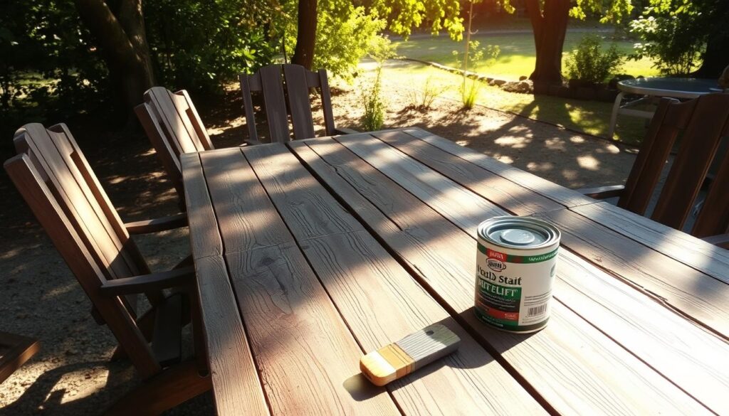 A weathered wooden patio set in a natural, sun-dappled setting. The table and chairs are coated in a faded, cracked stain, with visible signs of age and exposure to the elements. Nearby, a can of fresh wood stain and a brush sit on a workbench, ready to revive the furniture. Warm, golden light filters through the trees, casting soft shadows and highlighting the grain of the wood. The atmosphere is one of quiet contemplation, inviting the viewer to imagine the satisfying process of restoring the cherished outdoor furniture.