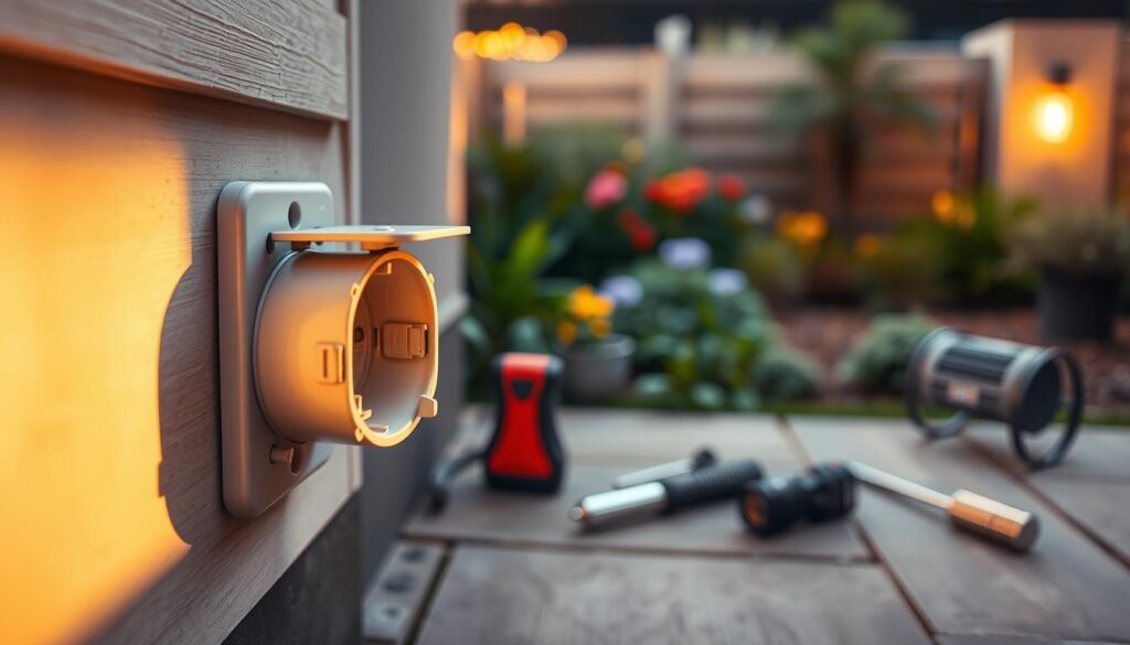 A weatherproof outdoor socket installation, illuminated by warm, natural light. In the foreground, a newly installed socket sits flush against the exterior wall, its sturdy housing and protective cover shielding it from the elements. In the middle ground, tools and equipment used for the installation are neatly arranged, showcasing the preparation and attention to detail required. The background features a well-maintained garden or landscaping, creating a tranquil, inviting atmosphere. The overall scene conveys a sense of functionality, safety, and seamless integration into the outdoor environment.