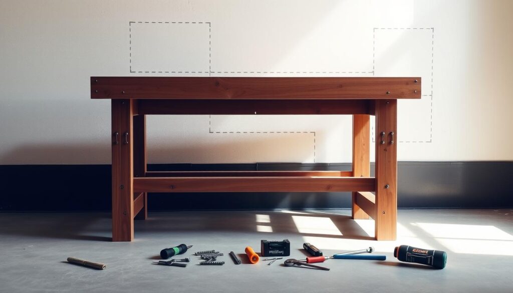 A well-lit DIY folding workbench installation scene against a plain white wall. The workbench is in the foreground, its intricate folding mechanism clearly visible. Precision tools and hardware are neatly arranged nearby, suggesting a methodical planning process. The wall behind the workbench features carefully measured chalk outlines, guiding the installation. Natural side lighting casts soft shadows, emphasizing the workbench's sturdy construction. The overall mood is one of focused preparation, with a sense of anticipation for the upcoming project.
