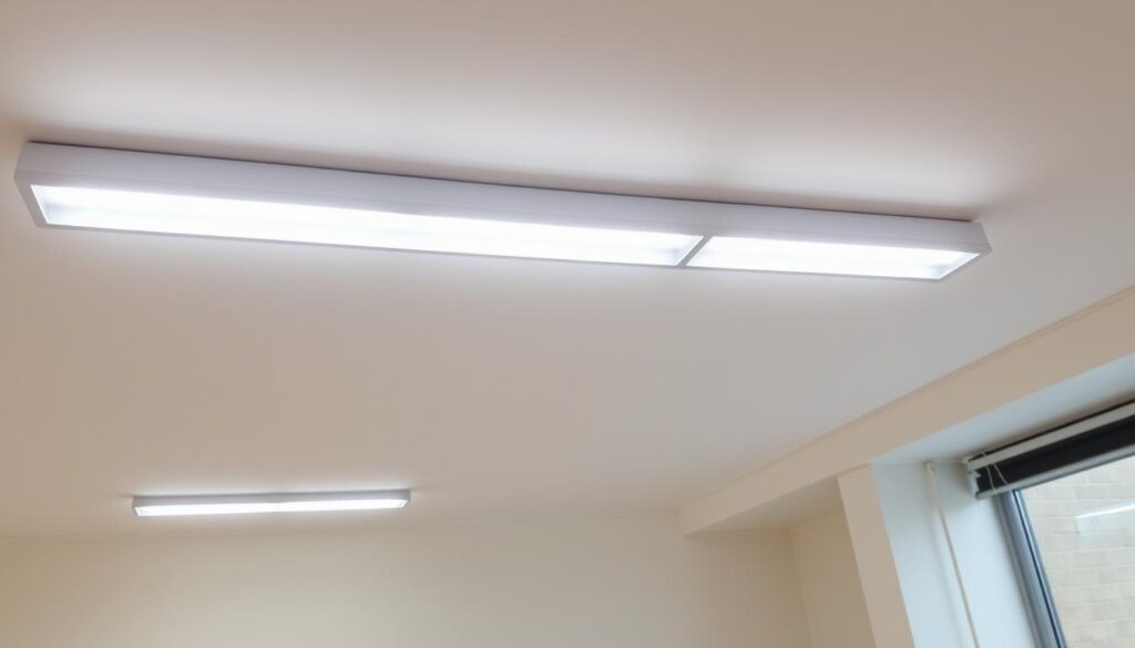 A well-lit LED batten installation with a clean, minimalist aesthetic. The batten is securely mounted on the ceiling, casting a warm, even glow across the room. The lighting fixtures are sleek and modern, blending seamlessly with the surrounding decor. The scene conveys a sense of functionality and attention to detail, reflecting the careful troubleshooting and installation process. The overall atmosphere is calm, inviting, and showcases the improved illumination compared to the previous fluorescent setup.