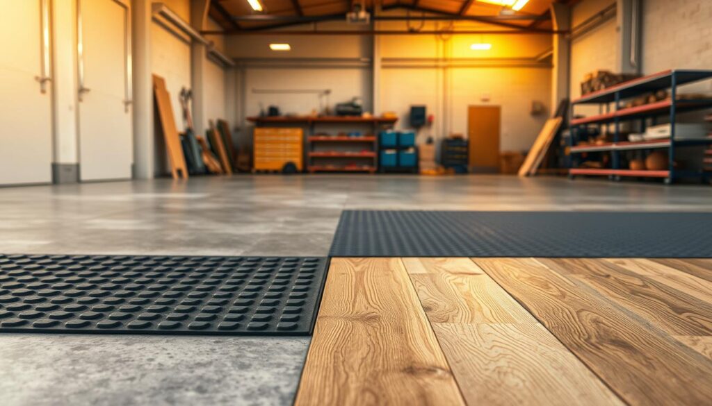 A well-lit and spacious workshop interior, with a variety of flooring options displayed in the foreground. The floor features seamless panels of durable concrete, resilient rubber tiles, and sleek engineered wood planks. In the middle ground, a close-up view showcases the textural details and color variations of each material. The background subtly blends warm industrial lighting and neutral walls, creating a clean and functional atmosphere suitable for a dedicated workshop space. The overall composition emphasizes the visual contrast and practical considerations of these flooring choices.