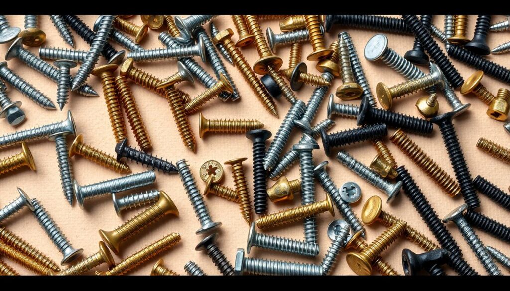A well-lit arrangement of various wood screws, nails, and fasteners in different materials and finishes, such as stainless steel, brass, galvanized, and black oxide. The screws are meticulously organized on a clean, neutral-colored background, allowing the viewer to closely examine their unique characteristics. The lighting emphasizes the textures, sheen, and subtle differences between the screw heads and threads, conveying a sense of technical precision and material compatibility. The overall composition is visually striking, drawing the viewer's attention to the diverse range of screw options available for woodworking projects.