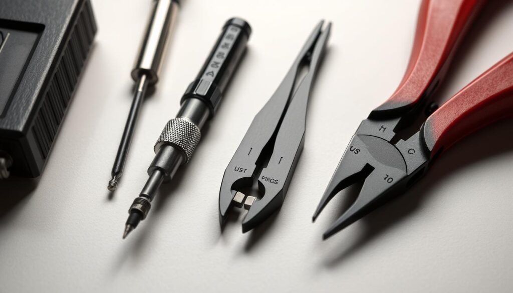 A well-lit, close-up image of a set of low-profile fused spur installation tools, including a precision screwdriver, wire stripper, and crimping pliers, arranged neatly on a clean, neutral-colored surface. The tools have a sleek, modern design and are made of high-quality materials, such as stainless steel and carbon fiber. The lighting is soft and diffused, creating a professional, technical atmosphere. The camera angle is slightly elevated, providing a clear and detailed view of the tools without any distracting elements in the background.