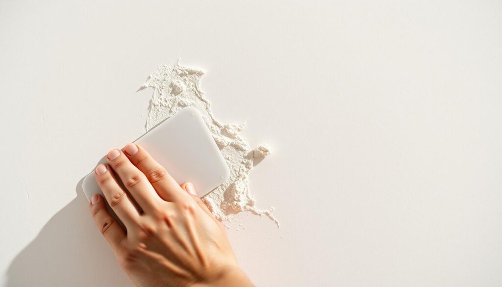 A well-lit close-up of a person's hand carefully scraping dried wallpaper adhesive from smooth, uniform drywall using a plastic scraper. The wall surface is pale and unblemished, allowing the texture of the adhesive to be clearly visible. Bright, directional lighting casts dynamic shadows, emphasizing the scraping motion. The focus is sharp, with a shallow depth of field that softly blurs the background, maintaining the visual emphasis on the task at hand. An atmosphere of meticulous attention to detail pervades the scene.