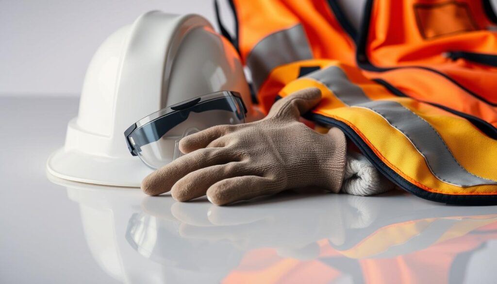 A well-lit close-up photograph of electrical safety equipment, including a hard hat, protective goggles, insulated gloves, and a high-visibility safety vest, arranged on a clean, reflective surface. The items are positioned neatly, with a sense of order and attention to detail, conveying a professional and safety-conscious atmosphere. The lighting is bright and even, creating clear, sharp shadows and highlights that emphasize the textures and materials of the equipment. The overall composition is balanced and visually appealing, drawing the viewer's attention to the essential safety gear.