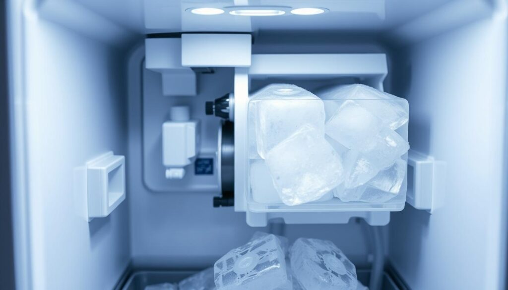 A well-lit, close-up shot of an open freezer interior, showcasing the intricate components of an ice maker. The ice maker mechanism is prominently featured, with its various parts and mechanisms visible, including the water inlet valve, ice mold, and ejector. The lighting is soft and even, allowing for clear visibility of the fine details. The background is blurred, keeping the focus on the ice maker itself. The overall mood is one of technical precision and attention to detail, suitable for an informative article on ice maker maintenance.