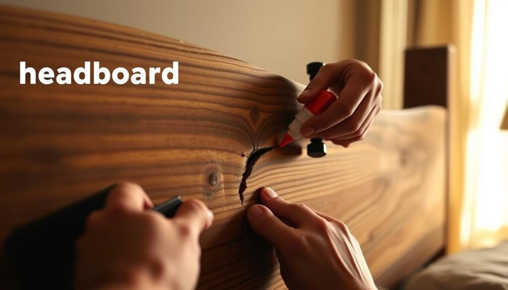 A well-lit, close-up view of a cracked wooden headboard being repaired. The headboard is made of rustic, weathered wood with visible grain and texture. In the foreground, skilled hands use wood glue and clamps to carefully mend the crack, preserving the natural character of the surface. The background is out of focus, creating a sense of depth and highlighting the repair process. Soft, warm lighting illuminates the scene, casting gentle shadows and adding depth. The overall mood is one of attentive care and restoration, reflecting the article's focus on an easy yet effective headboard repair.